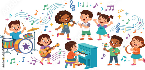 Bild auf Leinwand Cute Cartoon Kids Playing Musical Instruments and Singing Vector Illustration Fe