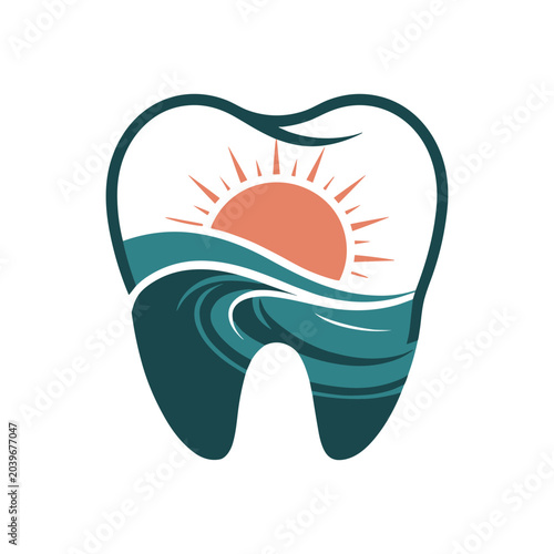 Foto Dental logo design with a stylized tooth, sunrise, and ocean waves