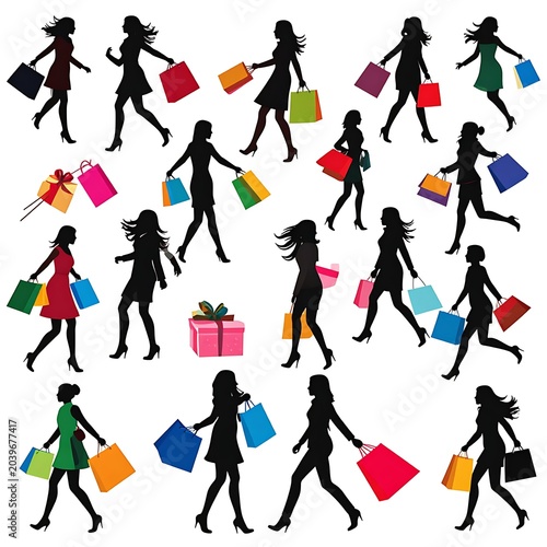 A group of women carrying shopping bags and gifts in various colors