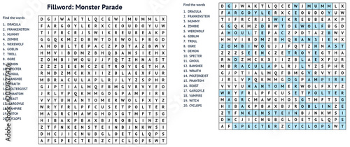 Foto Halloween monster word search puzzle on black background