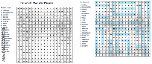 Foto Halloween monster word search puzzle on black background