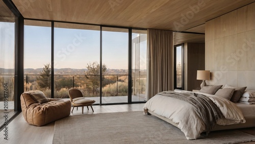 Luxurious Modern Bedroom with Panoramic Views and Comfortable Seating