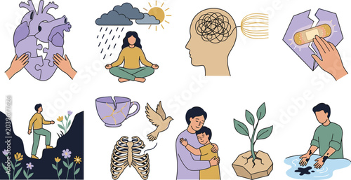 Photos Emotional Healing and Mental Wellness Illustration Set with Trauma Recovery, Sel