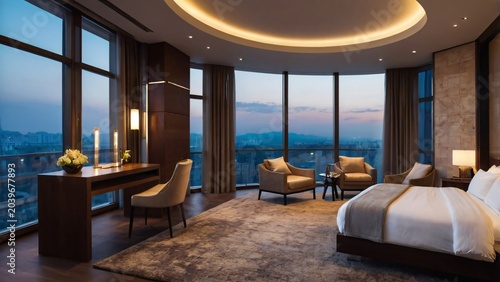 Spacious contemporary hotel room offering breathtaking urban vistas and refined comfort at twilight