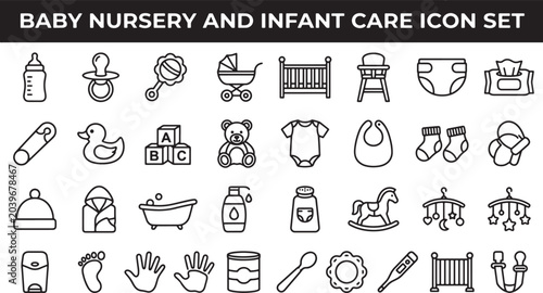 Baby nursery and infant care icon set featuring essential childcare equipment and newborn accessories in line art
