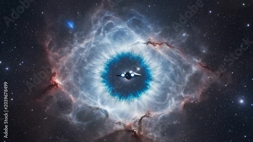 Futuristic spaceship navigates through a vibrant cosmic nebula resembling an eye.