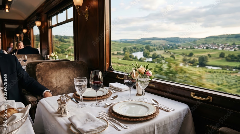 Fototapeta premium Dining table set for meal beside window on moving train overlooking rural river valley landscape