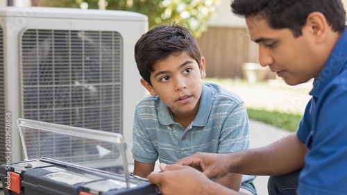 A Young Boy Listens Intently to a Mechanic Explaining Repairs