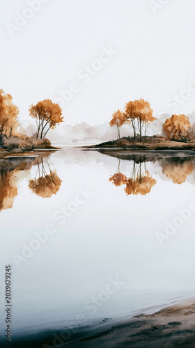 Peaceful Lake Reflection Across an Autumn Shoreline, Nature Serenity Expressed Through a Peaceful Lake Reflection Watercolor Illustration