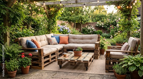 Cozy and sustainable patio setting featuring custom upcycled wooden pallet furniture, plush cushions, and warm string lights under a lush, vine-covered pergola.

