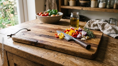 Rustic reclaimed wood cutting board with a leather handle, showcasing chopped fresh vegetables and a chef's knife on a weathered kitchen table.
