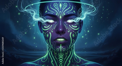 A mystical character made of swirling color blocs gazes forward in a digital illustration