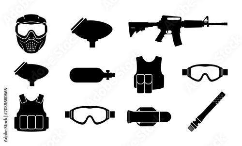 12 Paintball Gear Silhouette Icons, Flat, for Sport and Recreation