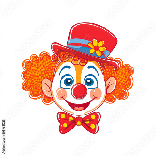 Happy clown cartoon head with bright blue eyes and curly orange hair for children's designs