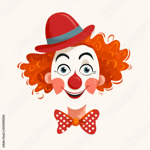 Playful cartoon clown smiling with big eyes and colorful features in flat vector style