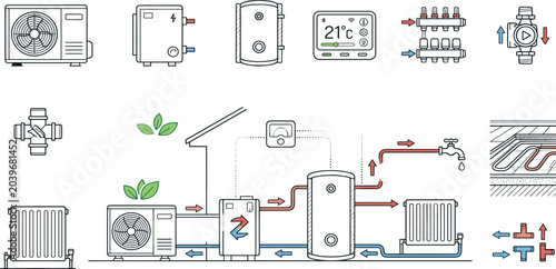 Foto Sustainable Heat Pump System Vector Infographic Set Featuring Residential Heatin