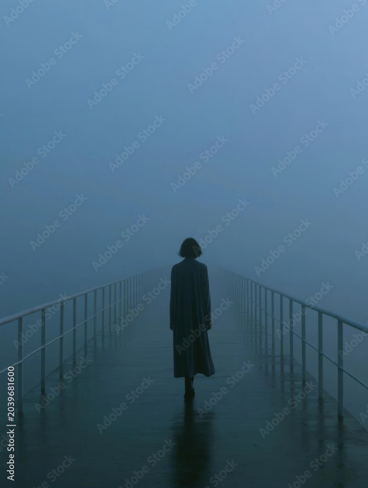 Obraz premium Person walking on a long, empty pier. the pier is made of concrete and has a metal railing on both sides. the person is wearing a long black coat and is walking towards the horizon.