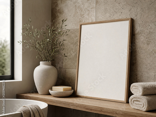 Blank vertical frame mockup for spa bathroom wall art leaning on shelf in neutral stone corner with ceramic vase, soft natural light and copy space
