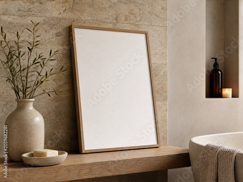 Blank vertical frame mockup for spa bathroom wall art leaning on shelf in neutral stone corner with ceramic vase, soft natural light and copy space

