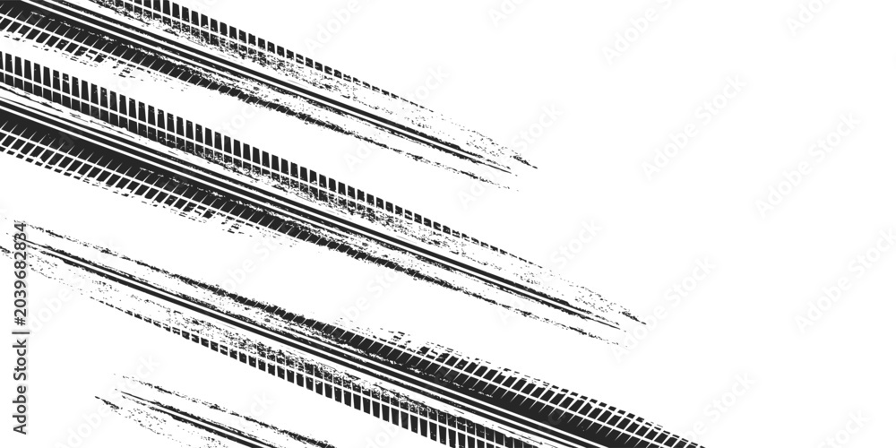 Obraz premium Tire tracks background for rally, drift, motocross, off-road and other auto and motorsport. Black tire marks on a white background with a worn effect and splashes of dirt.