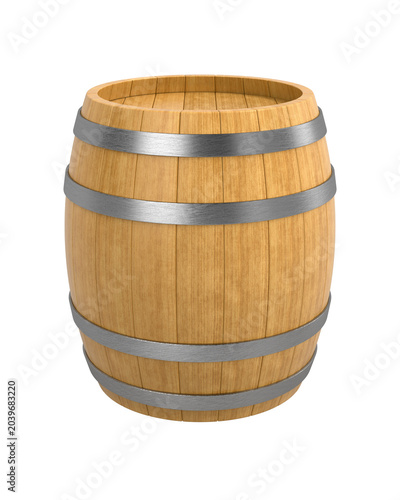 Classic wooden barrel with metal hoops on white background. Isolated 3D illustration