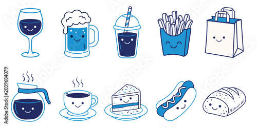 Set of cute food and drink icons with happy faces, flat vector illustration 