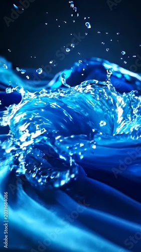 Abstract Blue Wave Splash - A dynamic close-up shot captures a vibrant splash of bright blue liquid erupting from a deep blue, flowing surface.