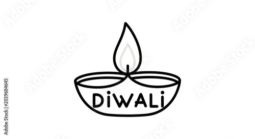 Traditional diya oil lamp line art with diwali text