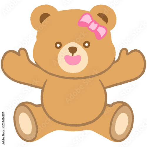 Adorable girl teddy bear with bow sitting open arms ready for cozy hug flat doodle hand-drawn