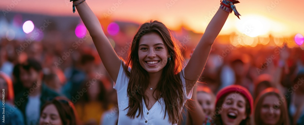 Obraz premium Young woman lifted above lively crowd during vibrant sunset festival celebration with joyful energy.
