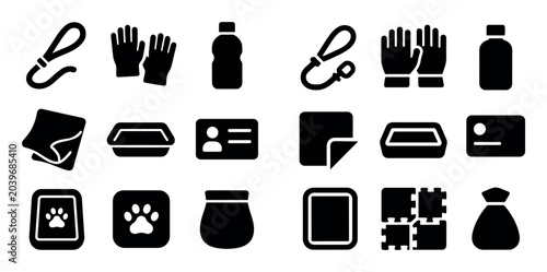 Pet care and hygiene vector icons with leash, gloves and pet food for mobile app design in solid silhouette style