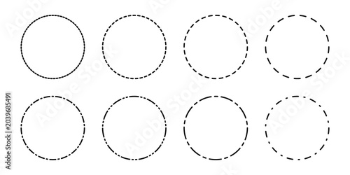 Circles with dah and dotted line strokes set. Round clock or patch with dashed stitches. Vector illustration. 