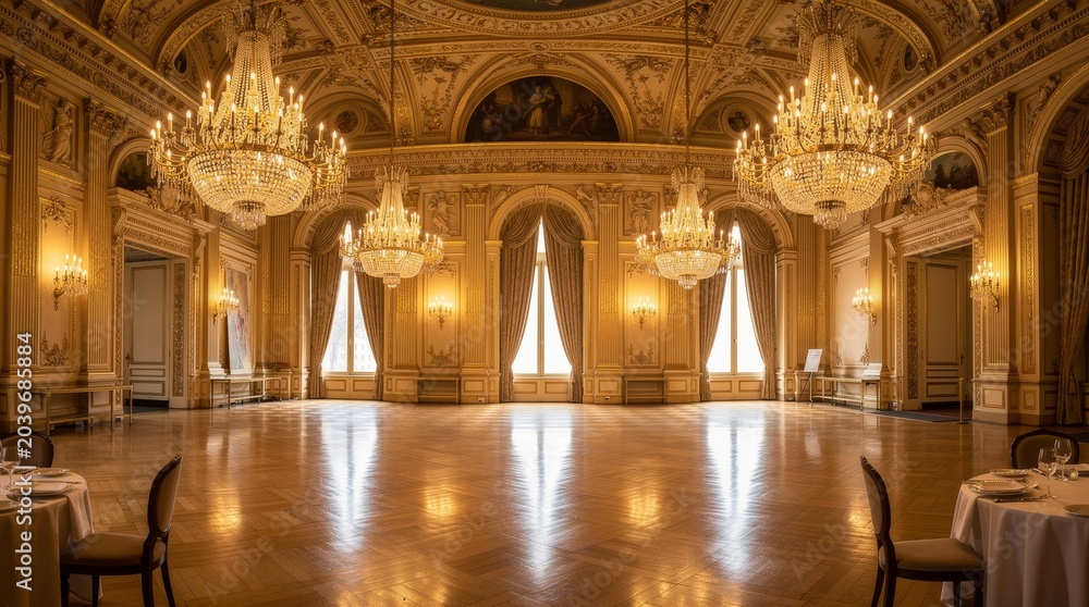 Fototapeta premium Grand ballroom with ornate chandeliers and elegant interior