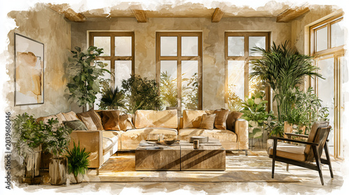 Biophilic Interior Design Filled With Natural Light and Greenery, Nature Inspired Living Room Concept Expressed Through Biophilic Interior Design Watercolor Illustration