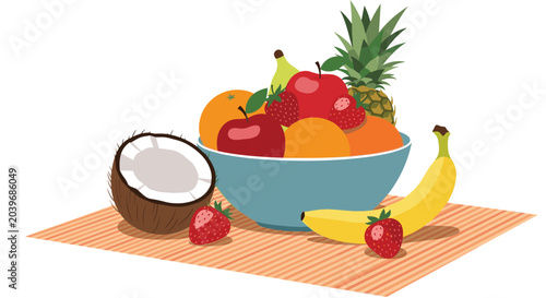 Large bowl filled with fresh tropical fruits like apples, oranges, and strawberries sits on a striped mat for a healthy snack.