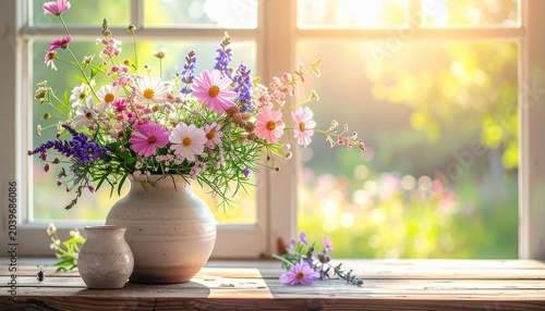 陽光差し込む窓辺に飾られた野草風の色とりどりの花束