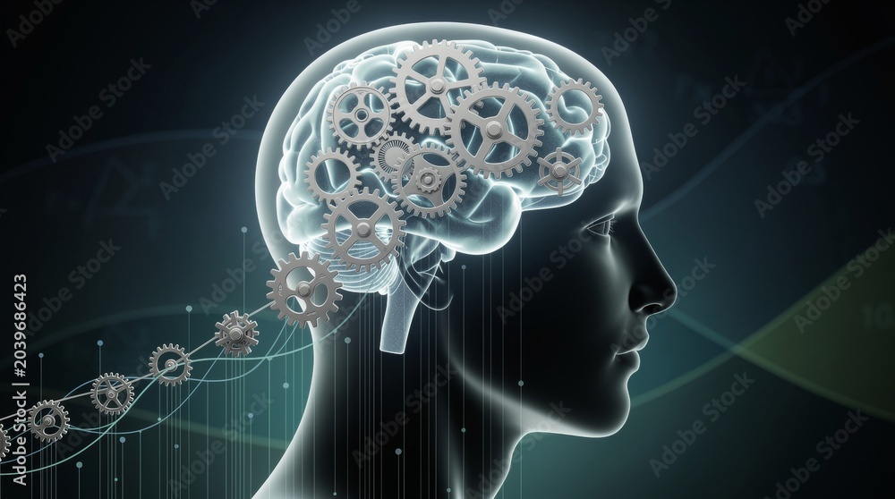 Fototapeta premium Human Brain with Intricate Gears Symbolizing Thinking and Cognition