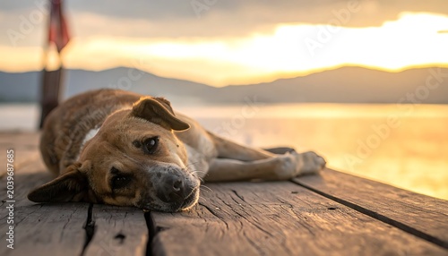 Dog rests at sunset