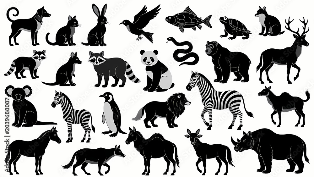 Naklejka premium Collection of Black Animal Silhouettes: A comprehensive array of distinct animal silhouettes, showcasing diverse species from various habitats, presented in monochrome for graphic design versatility.
