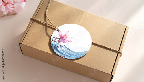 Round gift tag with delicate pink lotus flower and blue waves, tied with twine on a kraft paper box, soft pastel background