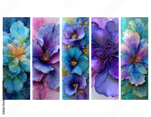 Alcohol Ink Floral Art Bookmarks Collection Blue Purple Botanical Flower Illustrations