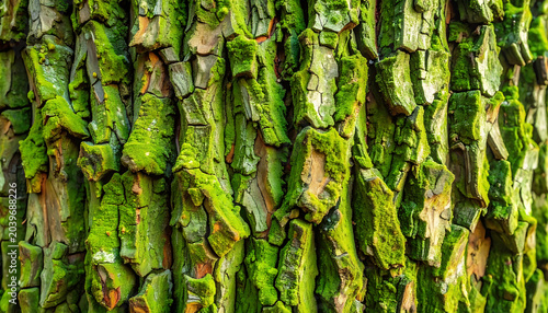 Rough textured oak tree bark covered in vibrant green moss, detailed natural pattern, forest closeup