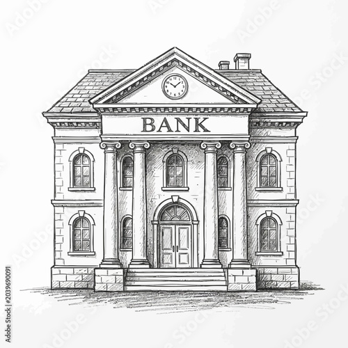 Bank building sketch, drawing of financial institution