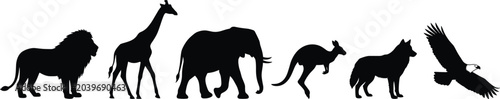 Photography Wild animal silhouettes collection, lion giraffe elephant kangaroo wolf eagle, d