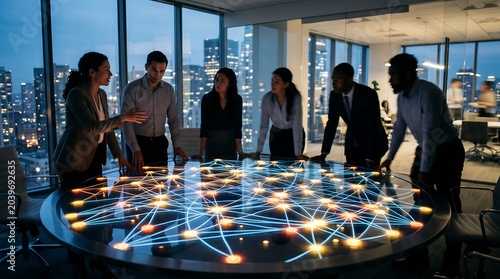 Diverse business team collaborating around a glowing digital network interface on a conference table