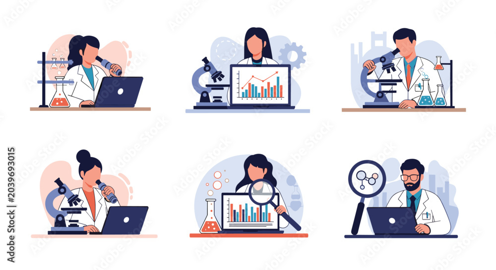 Fototapeta premium Collection of laboratory scientists conducting research using microscopes and analyzing data on computers in a professional environment.