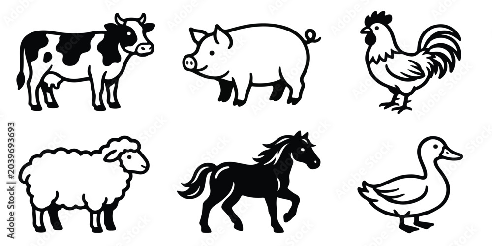 Fototapeta premium Black and white farm animal icons including cow, pig, chicken, sheep, horse, and duck in simple line art style, perfect for graphic design and educational materials on a clean white background.