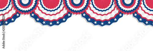 USA independence day patriotic decoration with hanging half circle bunting banner. Red white and blue stripes and stars decoration for 4th of July election campaign or parade banner