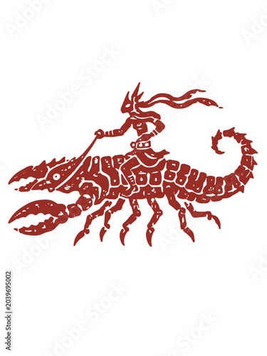 Canvas Print Intricate crimson silhouette depicts a mythical warrior astride a colossal arach
