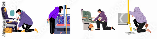 Cuadro en lienzo Flat vector illustration set of people searching for lost items like wallets, phones, and keys on planes, buses, and trains